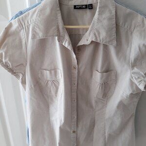 2 CUTE COLLARED BLOUSES FOR BUSINESS OR CASUAL, BLUE STRIPE AND BROWN STRIPE TOP